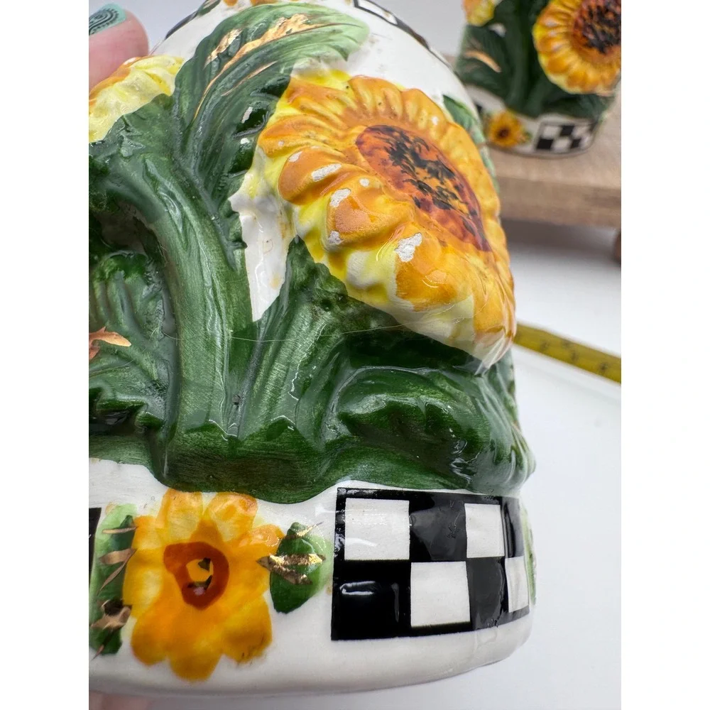 KMC Sunflower Salt and Pepper Shakers Set Ceramic Checkered Farmhouse Decor